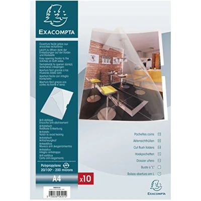 Bild av Exacompta Ref. 58201E Förpackning med 10 hörnfickor I slät, styv polypropylen Tjocklek 20/100 Skåra på båda sidor Mått: 22x31cm Arkivformat A4 kristallfärg