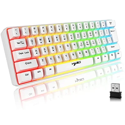 Bild av Gaming Tangentbord Trådlöst, 61 Tangenter Bluetooth 5.0 + 2.4G Dual Mode Rainbow Bakgrundsbelyst Ergonomiskt Tyst 60% med Uppladdningsbart Batteri för Windows Mac PC PS4 Gamer, Vit