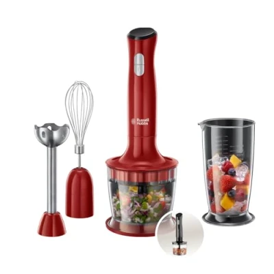 Bild av Russell Hobbs 3 i 1 stavmixer, 2 hastigheter, rostfritt stål, BPA fri behållare, ballongvisp, minihackare, diskmaskinssäkra delar, röd, 500W Desire, 24700 56