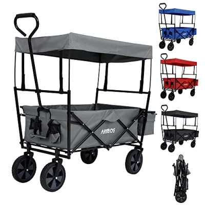 Bild av Arebos Bollervagn med tak Transportvagn 2x nätfickor och 1x ytterficka Hopfällbar Massiva däck lastkapacitet upp till 70 kg 360 svängbara framhjul Grå