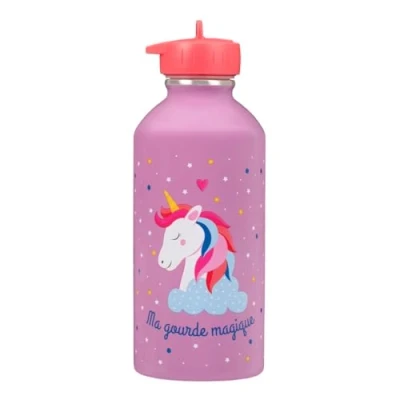Bild av Draeger Paris vattenflaska i rostfritt stål lätt att rengöra återanvändbar perfekt för park, skola kapacitet 300 ml 17 cm x 6,5 lila skrivet meddelande: Min magiska