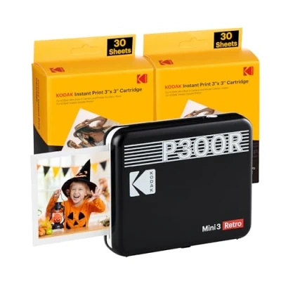 Bild av KODAK Mini 3 retro 4PASS bärbar fotoskrivare (7,6 x 7,6 cm) paket med 68 ark, svart