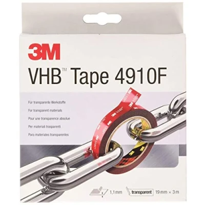 Bild av 3M VHB 4910F Monteringstejp dubbelsidig transparent, gör det möjligt att fästa genomskinliga material med praktiskt taget osynligt limskikt 19 mm x 3 m, 1,0 (1 pack)