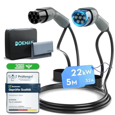 Bild av bokman Typ 2 EV Laddningskabel PHEV, Läge 3 / 32A 22 kW/Tre Fas 5 Meter, Plug in Hybrid Snabbladdningskabel för Elfordon Type till