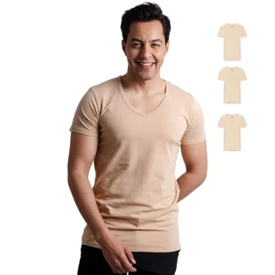 Bild av SKIPPER 3 pack herr t shirt med djup V ringning I stretch basic shirts beige undertröja av 95 % bomull och 5 elastan business Oeko TEX certifierad, Beige, L