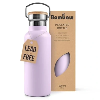Bild av Bambaw isolerad vattenflaska 500 ml, lila vattenflaska, i rostfritt stål, läckagesäker kallvattenflaska, campingvattenflaska, metallvattenflaska lavendeldis