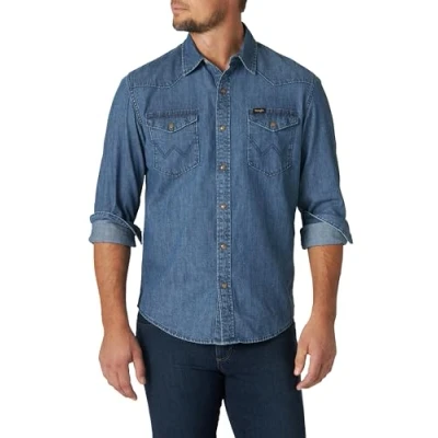 Bild av Wrangler Ikonisk denim regular fit snap skjorta med button down krage, Mid Tint Denim, L