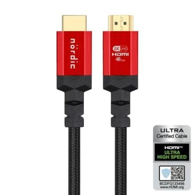 Bild av NÖRDIC CERTIFIED CABLES 1,5m Ultra High Speed HDMI 2.1 8K 60Hz 4K 120Hz 48Gbps Dynamic HDR eARC Game Mode VRR Dolby ATMOS nylonflätad guldpläterad