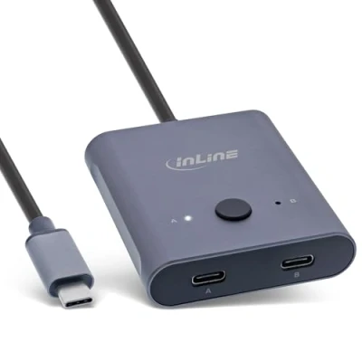 Bild av InLine USB C switch, dubbelriktad (data och video), 2 i 1 ut eller out, distributör/omkopplare för datorer, 8K@60Hz 4K@60Hz video, 10 Gb/s dataöverföring, 100 W laddning, 60603T