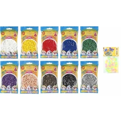Bild av Hama Midi strykpärlor (Kon 3) i paket med 10 färger (vit, gul, röd, lila, grön, blå, brun, svart, grå, hudfärger) + strykinstruktioner 3 designmallar
