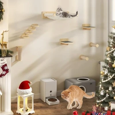 Bild av YITAHOME 7 st väggmonterade kattklättringshyllor, trämöbler för katter, klösbräda i trä, kattklösare trä med 3 sisaltäckta kolumner/4 stegs katttrappa klösstolp/hängmatta