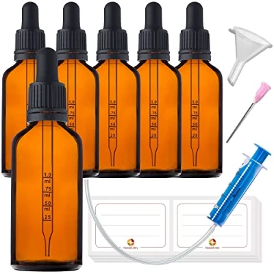 Bild av HandsUnity 50ml 6st Pipettflaska Liten Glasflaska Apoteksburk i Bärnstensglas Med Svart Pipettlock och 17 st Extra Tillbehör Flaskor av Brunt Glas