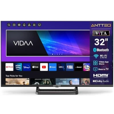 Bild av Antteq V32 AH3Q1L BT Smart TV 32 tum (81 cm TV), röststyrning, HD, trippeltuner (DVB T2/S2/C), App Store, DAZN, UVM, WiFi, hotellmode, 2024