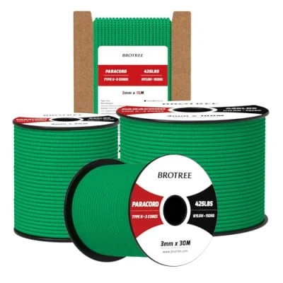 Bild av Brotree 3mm Paracord 425 15M 100% Nylonrep 3 Trådar Sladd Typ II för Utomhus, Hundkoppel, DIY, Hantverk 192kg Brottlast (Jadegrön)