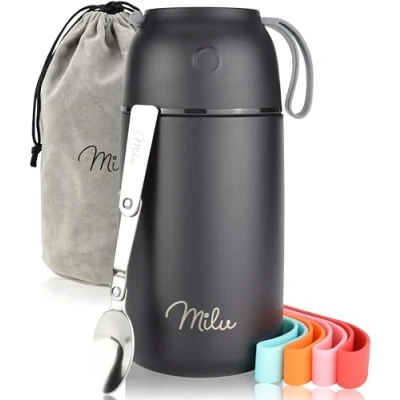 Bild av Milu® termisk behållare 450, 650, 800ml Uppvärmningsbehållare i rostfritt stål Matbehållare Håll maten varm Thermo lunchlåda Mysli att gå (Svart, 800ml)