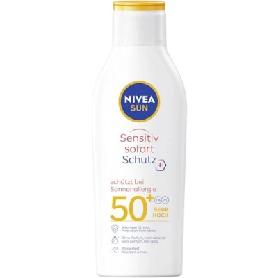 Bild av NIVEA SUN Sensitiv Omedelbart skydd sollotion SPF 50+, solskyddsmedel med 50+ för känslig hud, vattentätt och doftfritt solskydd solallergi (200 ml)