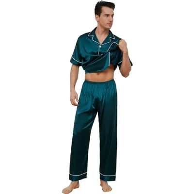 Bild av Reliwel pyjamas, herr, satin, män, kort, överdel, med knappslå och pyjamasbyxor, tvådelade nattkläder, hemmakläder, sovkläder, loungewear, Grön, M