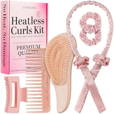 Bild av ly England Heatless Hair Curlers to Sleep In No Heat Curling Gift Set Includes Satin Headband, Clip, Comb &amp; 2 Scrunchies Sleek Smooth Overnight Curls (Peach, 6 Pack)