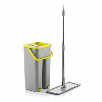 Bild av InnovaGoods® Klirimop Dubbelåtgärds Moppset med mikrofiberplatta, dubbelkompartimentshink, 6 återanvändbara moppbyte, fotpedal för att avtorkning och snurrbart handtag. (199 tecken)