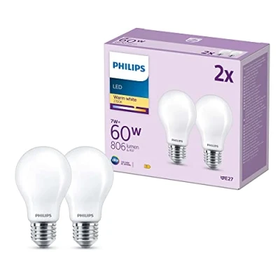 Bild av PHILIPS LED Classic multipack: 7W (60W), E27, A60, Varmvitt 2700 Kelvin, Frostat glas, 806 lumen, Ej dimbar, 15000 timmar livslängd, 2 pack Vit, LEDClassic 60W A60 E27 WW FRND 2CT/6 AM