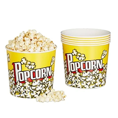 Bild av Relaxdays popcorn hink, set om 6, behållare plast, återanvändbar, 2,8 l, retro kopp, gul