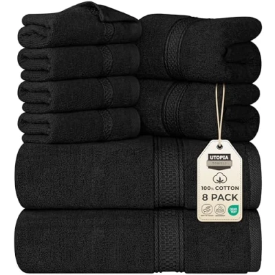 Bild av Utopia Towels 8 delade premiumhandduksset, 2 badlakan, handdukar och 4 tvättlappar, 100% ringspunnen bomull högabsorberande för badrum, gym, hotell spa (Svart)