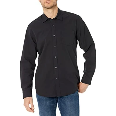 Bild av Amazon Essentials Men&#039;s Långärmad ledig poplinskjorta med normal passform, Tvättad svart, L