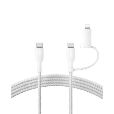 Bild av Belkin 2 i 1 laddningskabel med USB C och Lightning anslutning Flätad snabbladdningskabel för till Lightning, kombinationskabel Apple iPhone, iPad, Samsung, m.fl. Vit