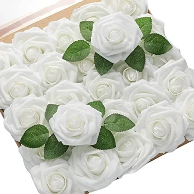 Bild av PIQIUQIU 25 stycken konstgjorda blommor rosor roshuvuden falska för födelsedagsdekoration, bröllopsdekoration, festdekoration (vit)
