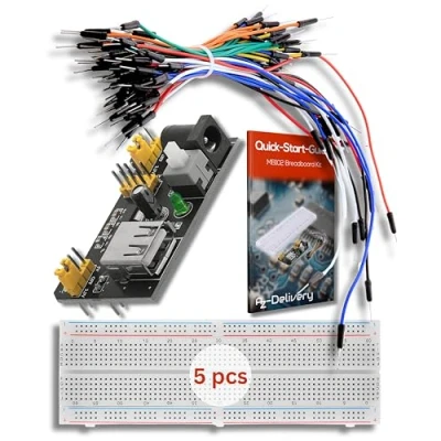 Bild av AZDelivery 5 x MB 102 Breadboard Kit 830 Breadboard, Nätadapter 3.3V 5V, 65st Hoppare kompatibel med Arduino inklusive en E Book!