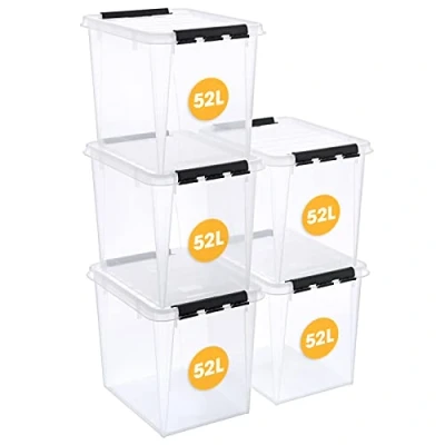 Bild av SmartStore 52 L stora plastförvaringslådor med lock, 5 pack, förstärkt, klar, 10 års garanti, livsmedelssäker, klämlåst, stapelbar och stapelbar, BPA fri, 50 x B 39 H 41 cm