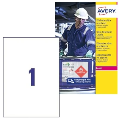 Bild av AVERY Zweckform L7917 10 slitstarka folieetiketter (10 klistermärken, 210 x 297 mm på A4, extremt stark självhäftande, för svåra ytor, tryckbar utomhuslimfolie) ark, vit