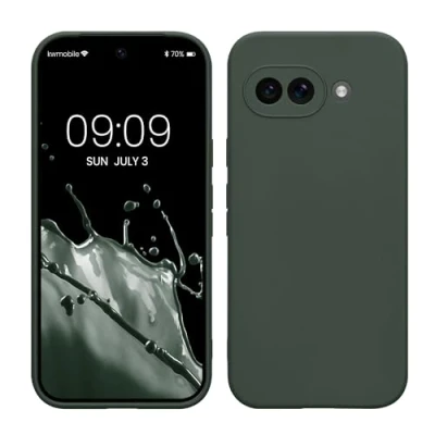 Bild av kwmobile fodral kompatibelt med Google Pixel 9a skyddande smalt TPU telefonskydd mjuk matt finish mossgrön