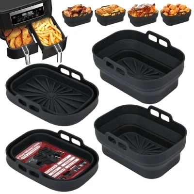 Bild av Alyvisun Silikonform för Luftfritös, 4 Stycken Silikongrytor Airfryer Återanvändbara Silikonfoder Luftfritöskorg Rektangulär Vikbar Silikonbakform Air Fryer, Mikrovågsugn, Ugn (Svart)