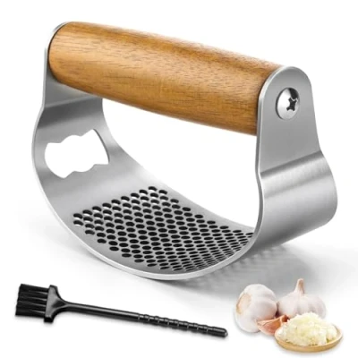 Bild av GlasFlength vitlökspress rostfritt stål vippa, vitlökslappa, vitlöksskalare, handtag av trä, vitlökspress, vitlök, gungbräda, förtjockad garlic press, kross, köksprylar lätt att rengöra