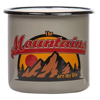 Bild av MUGSY I Emalj kopp Mountains are my liv, 330 ml campingkopp med ordspråk, vandring mugg grå