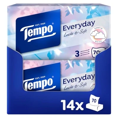 Bild av Tempo Light Box Näsdukar Megapack 14 askar, 70 dukar per låda mjuka pappersnäsdukar, tål maskintvätt