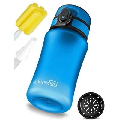 Bild av My Vesperbox Minny Drickflaska för barn, läckagesäker, med sugrör eller sil, 350, 500, 750 ml, lätt vattenflaska i tritan, BPA fri, dagis och skola (blå, 350 ml)