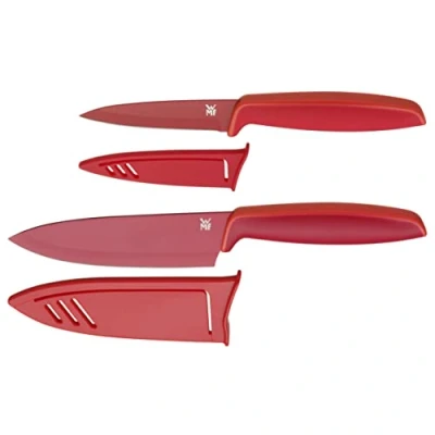 Bild av WMF Touch knivset 2 delar, kökskniv med skyddande fodral, specialbladstål non stick belagd, vass, kockkniv, grönsakskniv, röd