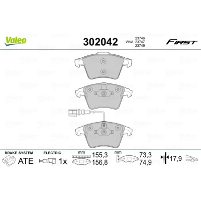 Bild av VALEO 302042 Jeu de plaquettes frein FIRST Essieu avant contact signal d&#039;usure inclus avec tôle anti bruit VOLKSWAGEN: Transporter 5