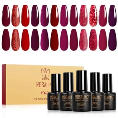 Bild av ROSALIND UV nagellacksset, 12 Stycken Minifärggel Gelnaglar Gul Vinröd Djupröd Gnistrande Röd Shellac Gel Nagellack Set Soak off för Nageldesign Nagelpolish