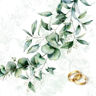 Bild av ti flair 20 servetter gyllene ringar på gröna blad eukalyptus bröllop äktenskap bordsdekoration decoupage servettteknik 33 x cm