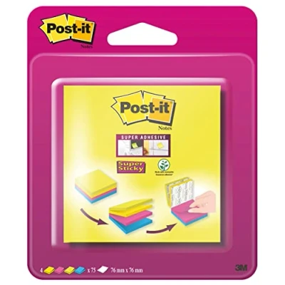 Bild av Post it 2014BYFG självhäftande anteckningar Super Sticky Multi Notes, 76 x mm, 4 block med 75 ark, neongrön, ultrablå, gul, rosa