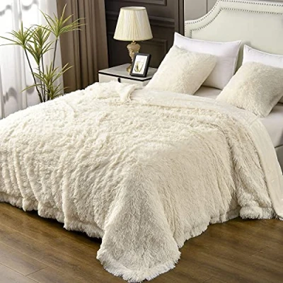 Bild av YUSOKI Supermjuk plysch fuskpäls filt 152 cm x 203 cm, fluffig mysig bekväm lurvig varm tvillingfilt sherpa luddig fleece tjock lätt för säng stol soffa (krämvit, cm)