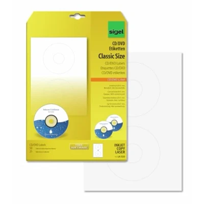 Bild av Sigel LA525 CD /DVD etiketter vit, pricktät, 50 = 25 ark med centrishjälpmedel, ClassicSize 41 mm inre hål