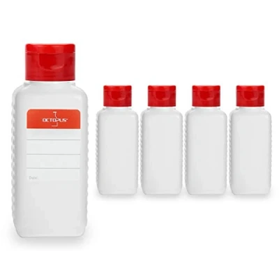 Bild av Octopus 5 x 100 ml plastflaskor, HDPE plastflaskor med röd vikstängning, tomma flaskor gångjärnslås, fyrkantiga inkl. märkningsetiketter