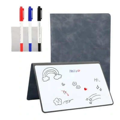 Bild av A5 Mini whiteboards, avtorkningsbara, bärbara, med 3 färgade markörer, perfekt för mötesanteckningar, inköpslistor, hushållsplaner och att göra listor, PU fodral torkduk, grå