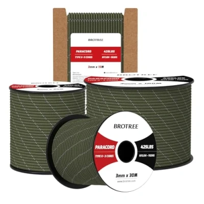 Bild av Brotree 3mm Paracord 425 15M 100% Nylonrep 3 Trådar Sladd Typ II för Utomhus, Hundkoppel, DIY, Hantverk 192kg Brottlast (Reflekterande Armégrön)