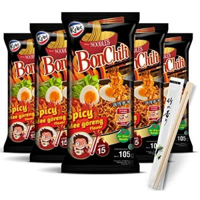 Bild av Uppsättning av 5 Kobe Bon Chili Instant nudlar Hot och Spicy I skärpgrad 15 ramen färdig mat vass Mi Goreng stekt x 105 g Halal plus par ätpinnar bambu