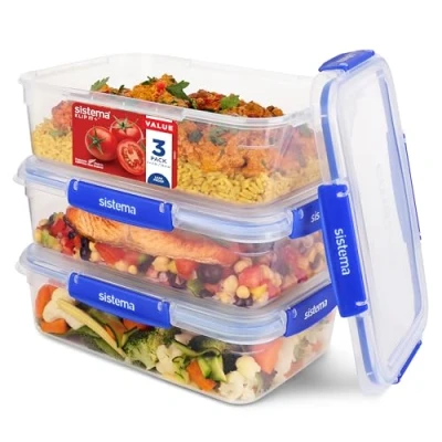 Bild av Sistema KLIP IT PLUS Matförvaringsbehållare 2,2 L Läckagesäker, stapelbara och lufttäta kyl/frys matlådor med lock BPA fri plast Återvinningsbar TerraCycle 3 Count, Blå